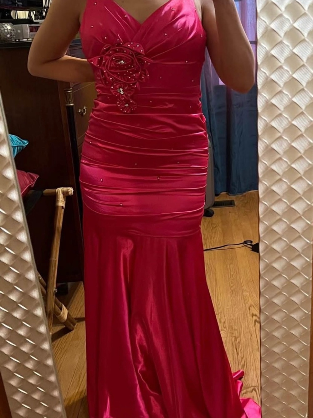 Hot Pink, Rhinestoned Evening Gown with Rosette Detail